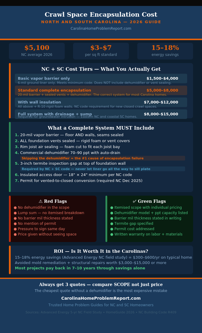 Infographic showing crawl space encapsulation cost breakdown for North and South Carolina with what is included and what drives price up or down