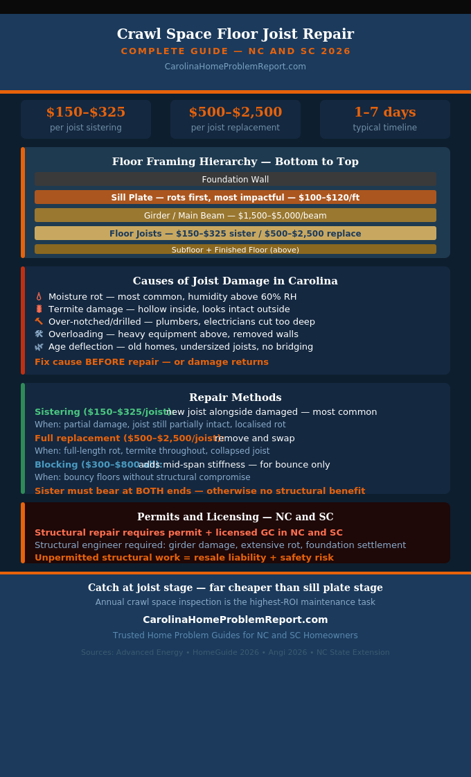 Infographic showing crawl space floor joist repair methods sistering versus replacement costs permits and when to call a structural engineer for Carolina homes