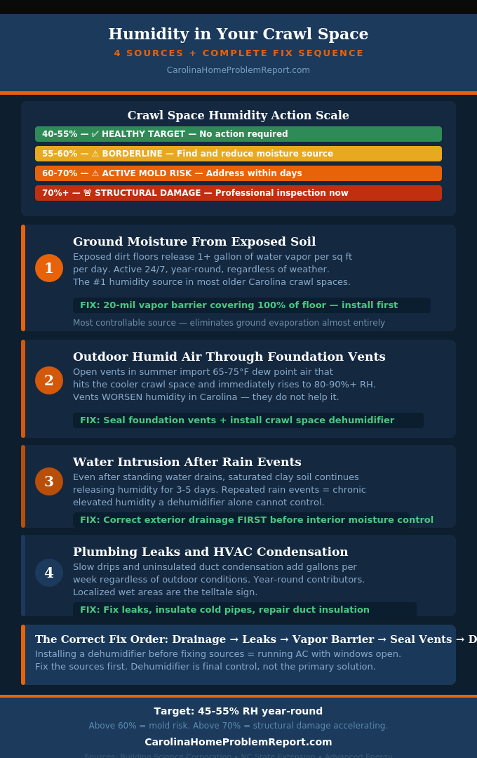 Infographic showing the 4 sources of high humidity in Carolina crawl spaces with causes and complete fix sequence