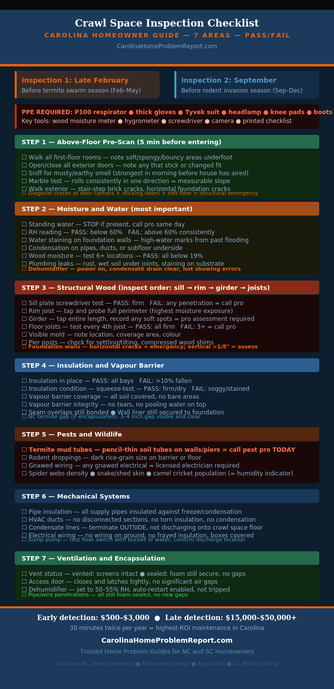 Crawl space inspection checklist infographic showing all seven inspection areas with pass fail criteria for Carolina homeowners including moisture structural pests mechanical and ventilation checks
