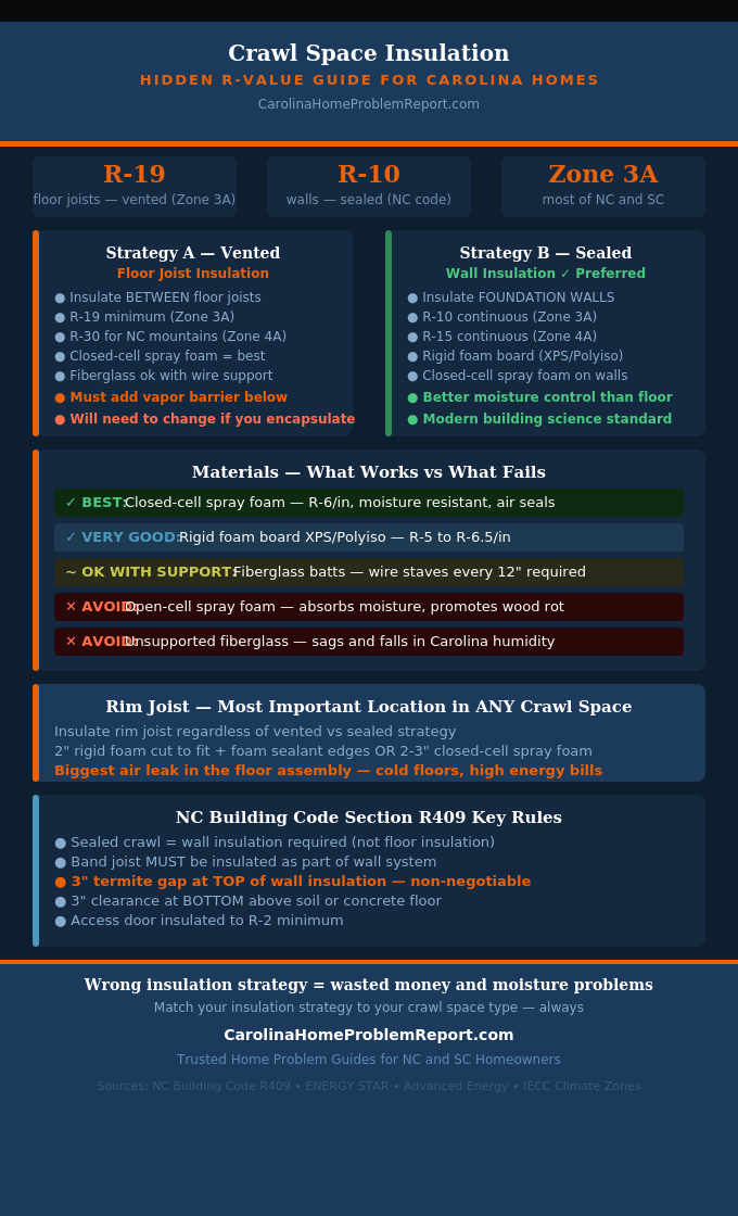 Infographic showing crawl space insulation strategies for Carolina homes with R-values materials and NC building code requirements