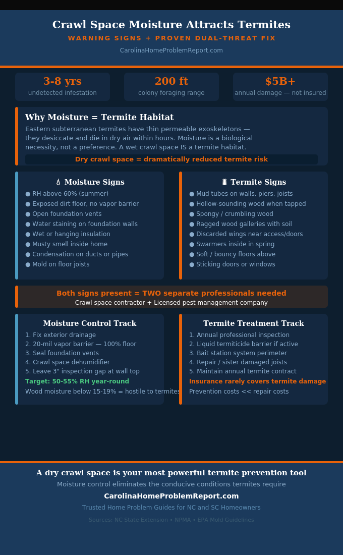 Infographic showing how crawl space moisture attracts termites in Carolina homes with warning signs and the proven dual-threat fix sequence