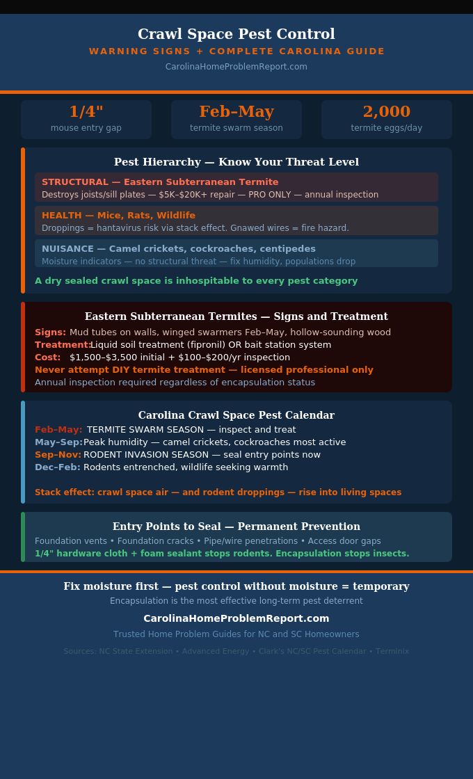 Infographic showing Carolina crawl space pest control guide with pest hierarchy seasonal calendar entry points and treatment approaches for termites rodents and insects