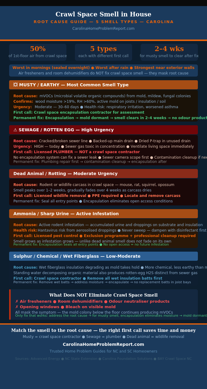Root cause infographic showing crawl space smell in house diagnostic guide for Carolina homeowners mapping five smell types to root causes urgency levels first calls and permanent fixes