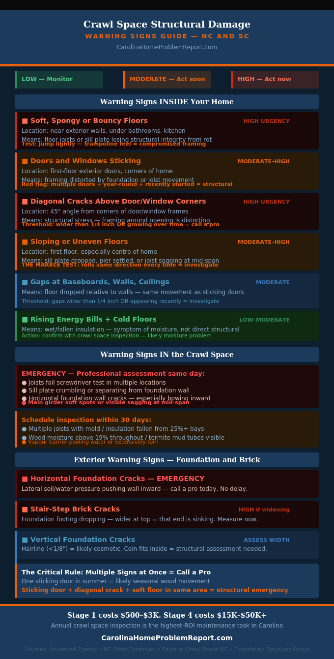 Warning signs infographic showing crawl space structural damage signs by severity stage location and urgency for Carolina homes