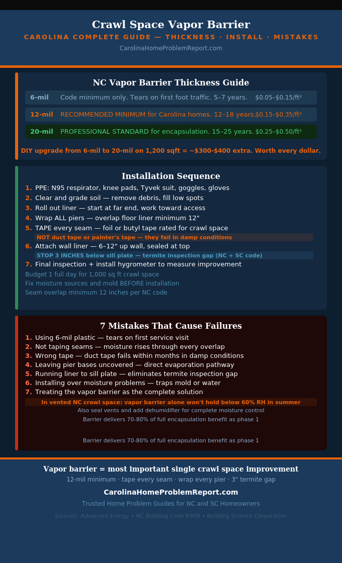 Infographic showing crawl space vapor barrier thickness guide installation steps and 7 common mistakes for Carolina homeowners