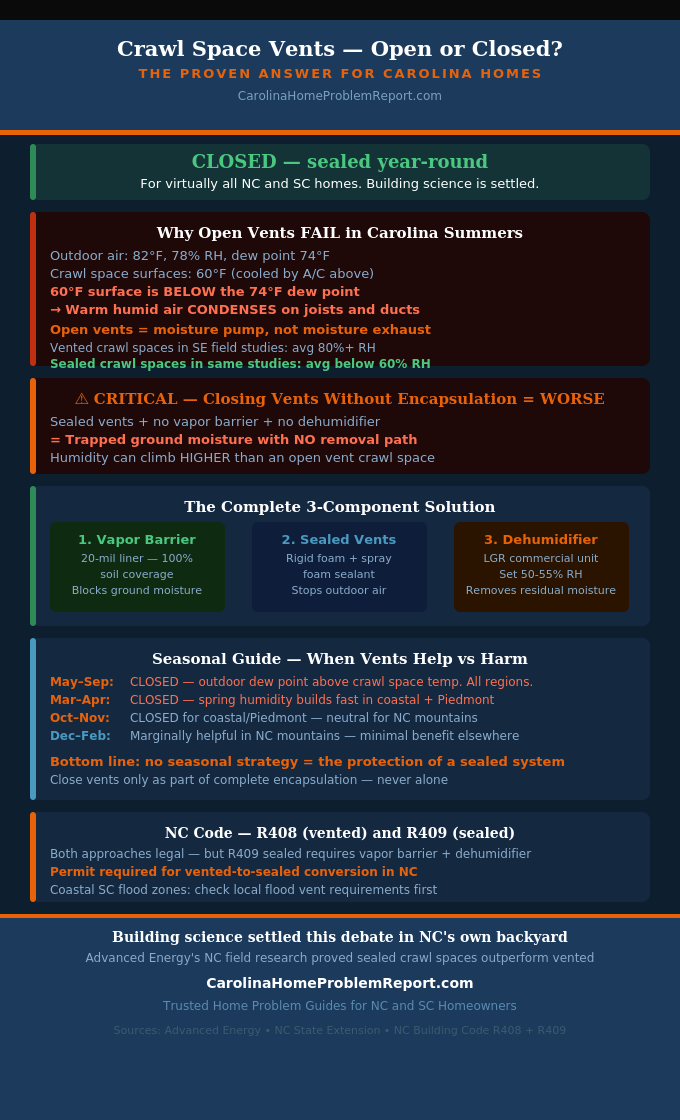 Infographic showing why crawl space vents should be open or closed in Carolina with dew point physics NC code requirements and the complete three-component solution