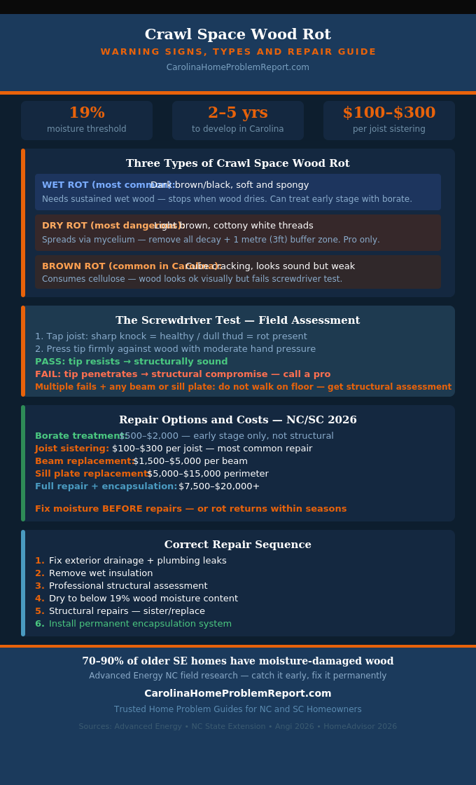 Infographic showing crawl space wood rot types signs screwdriver test repair options and costs for Carolina homes