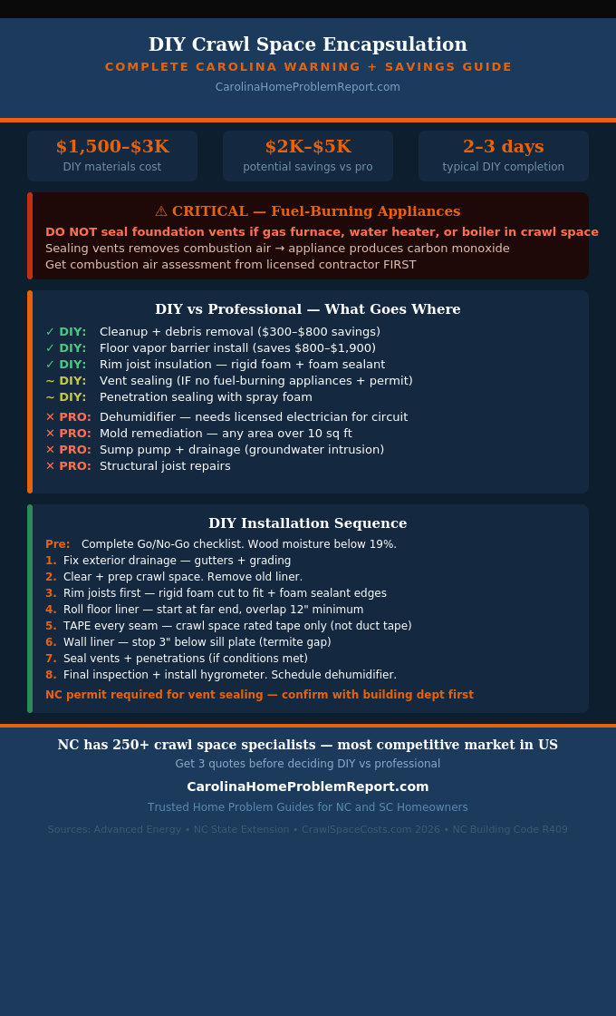 Infographic showing DIY crawl space encapsulation step by step guide for Carolina homes with materials list cost savings and what to hire professionals for