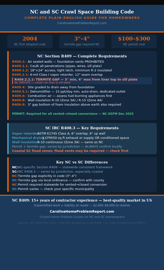 Infographic showing NC and SC crawl space building code requirements side by side with Section R409 requirements termite gap permit rules and resale impact