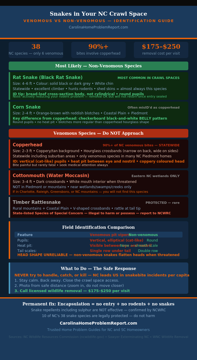 Comparison infographic showing venomous versus non-venomous snakes most commonly found in North Carolina crawl spaces with identification features and what to do