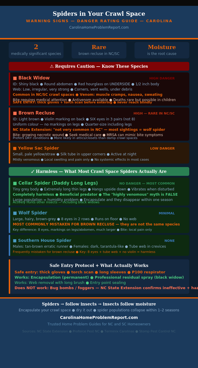 Warning signs infographic showing spiders in crawl space Carolina guide with danger ratings for black widow brown recluse and harmless species identification features and what to do