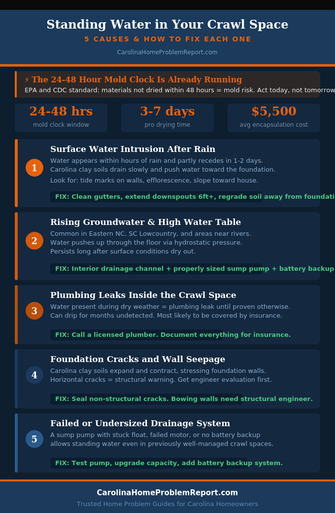 Infographic showing 5 causes of standing water in a crawl space with identification tips and fix for each