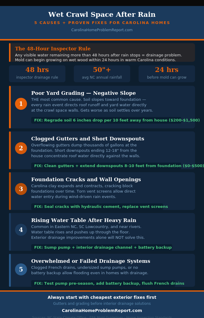 Infographic showing 5 causes of a wet crawl space after rain in Carolina homes with proven fixes for each