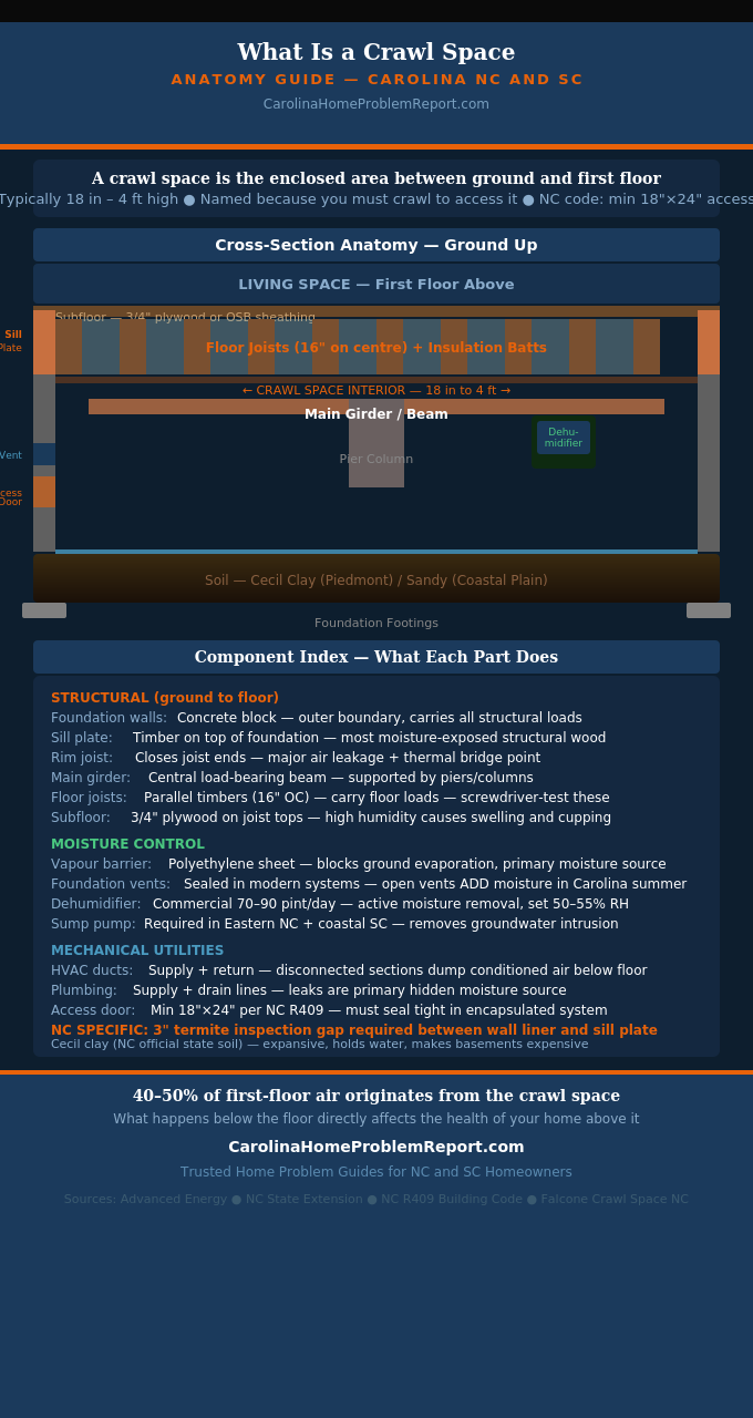 Anatomy infographic showing what is a crawl space with all components labelled including foundation walls sill plate rim joist floor joists vapour barrier foundation vents dehumidifier and access door in NC and SC context