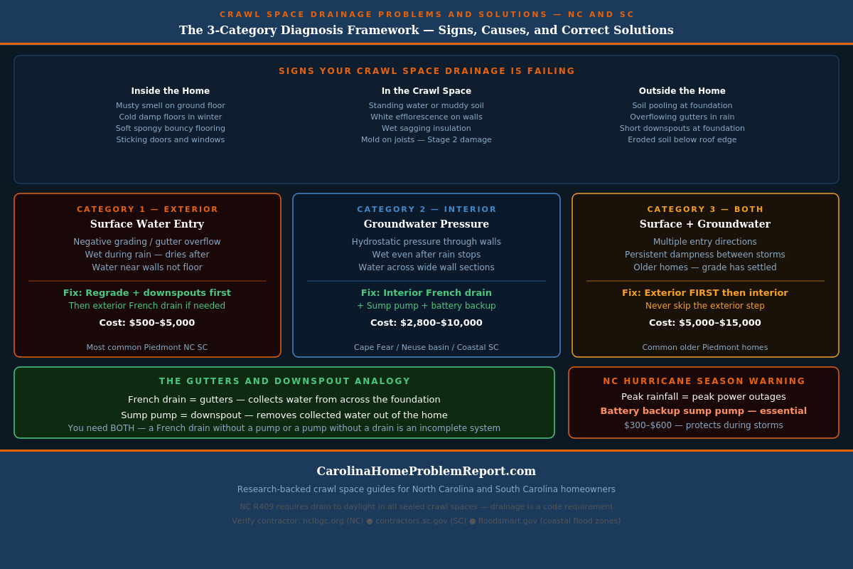 Infographic showing the 3-category crawl space drainage diagnosis framework for NC and SC homes — exterior drainage failure, interior drainage failure, and both — with signs of each and the correct drainage solution including French drain sump pump and exterior grading