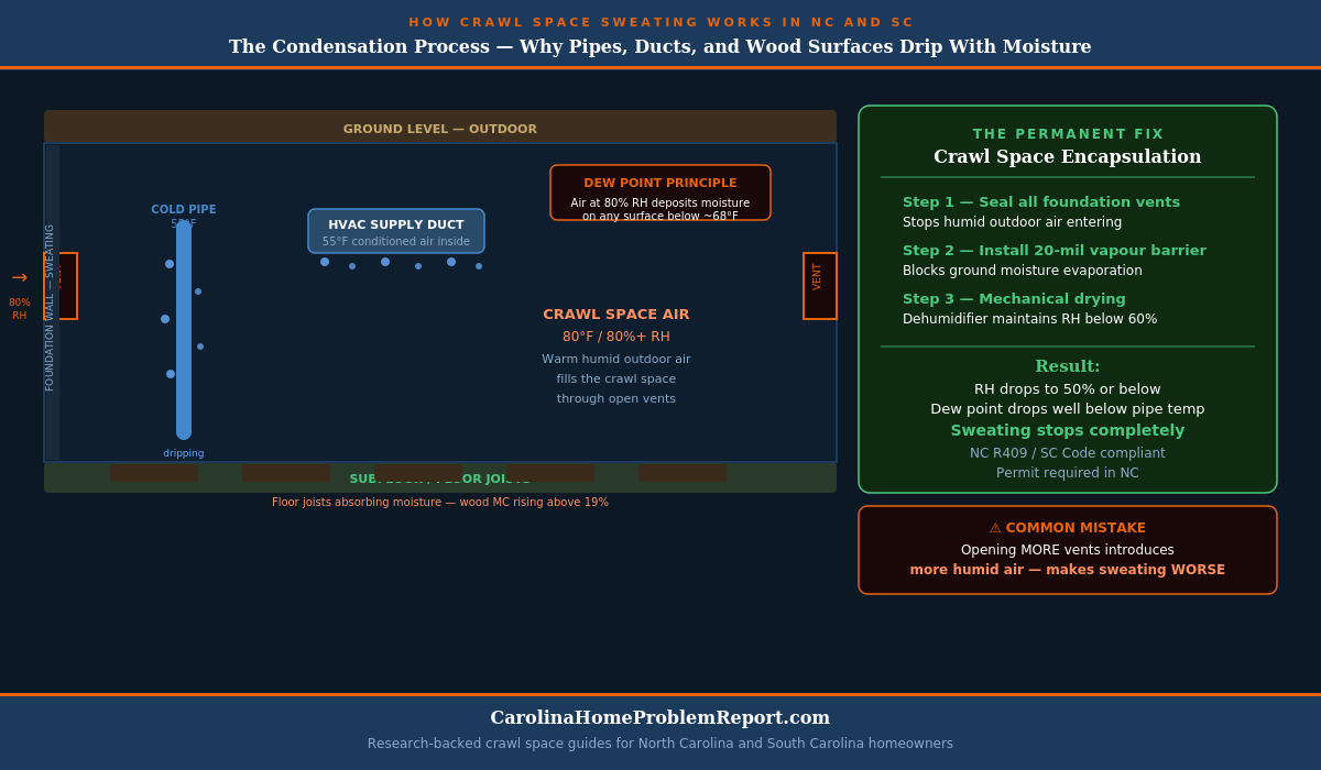Infographic diagram showing how crawl space sweating works in NC and SC homes — warm humid air entering through foundation vents condenses on cold pipes ducts and wood surfaces and how encapsulation permanently stops it