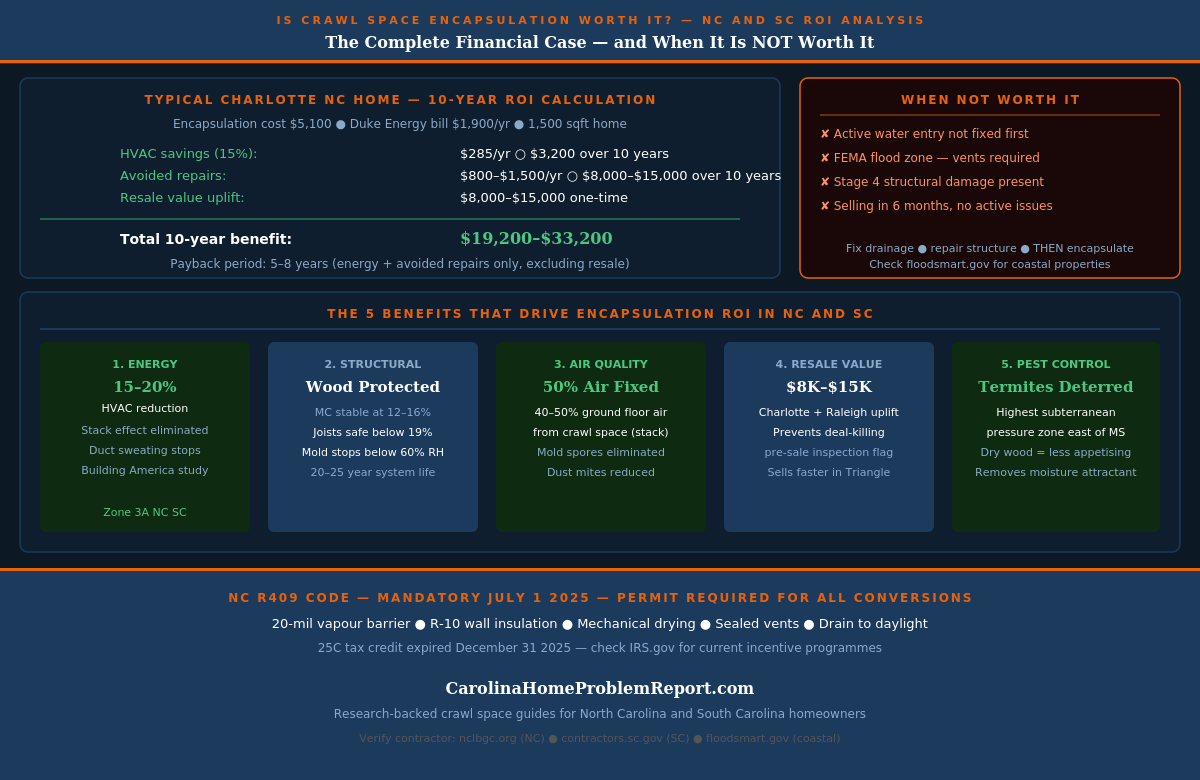 Infographic showing crawl space encapsulation ROI analysis for NC and SC — 10-year benefit calculation, 5 benefits, when it is not worth it, NC R409 requirements and contractor checklist