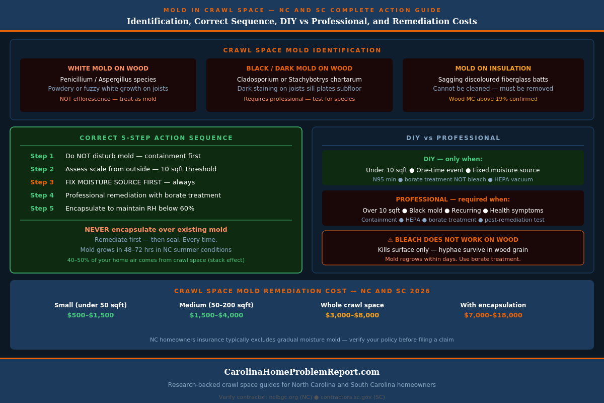 Infographic showing the correct action sequence for mold in crawl space in NC and SC — 5 steps from discovery through moisture fix remediation and encapsulation with DIY vs professional guidance and cost ranges