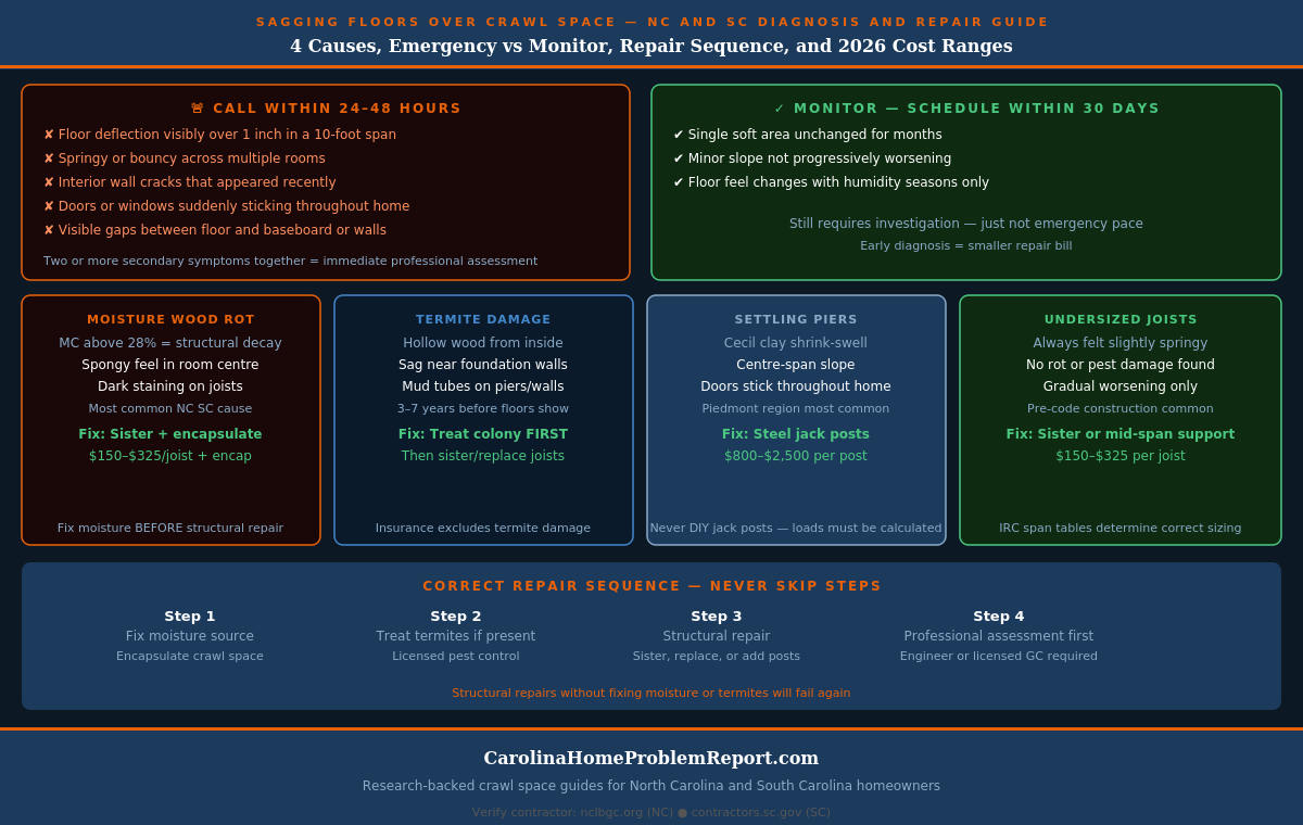 Infographic showing the 4 causes of sagging floors over crawl spaces in NC and SC — moisture wood rot, termite damage, settling support piers, and inadequate construction — with diagnosis signals and repair costs for each