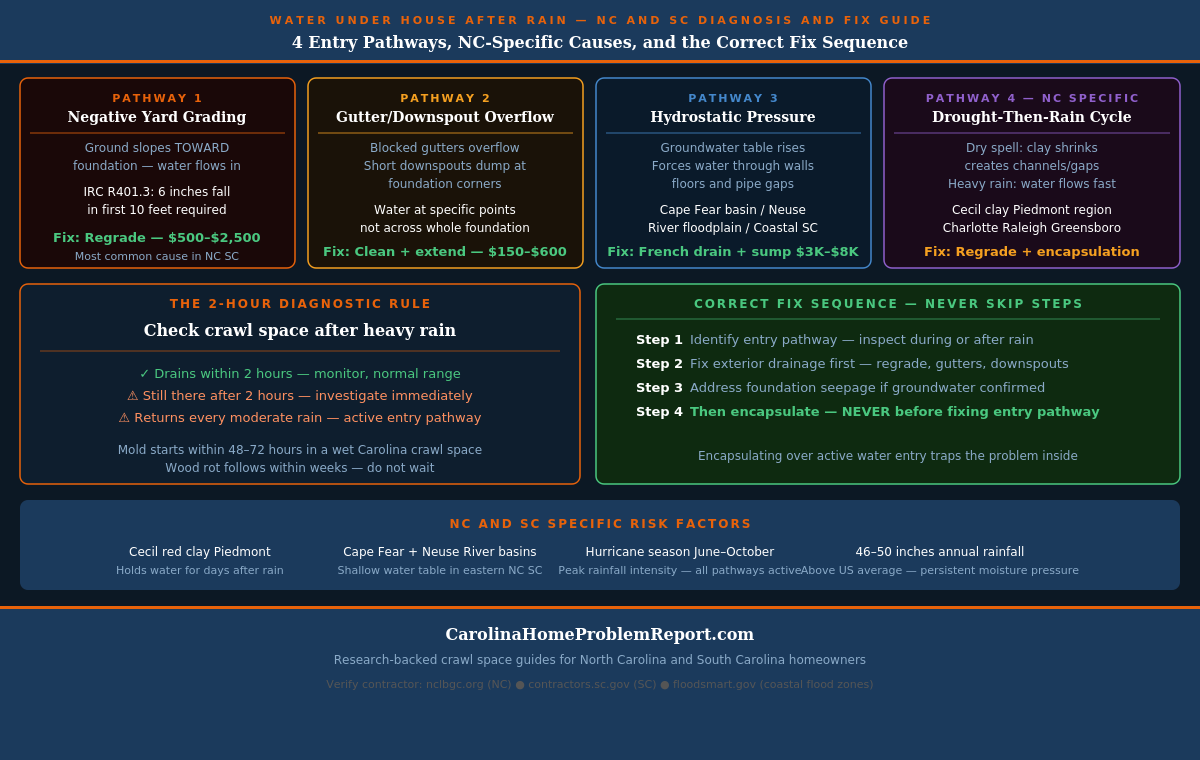 Infographic showing the four pathways water enters a crawl space after rain in NC and SC — negative grading, gutter overflow, hydrostatic pressure, and drought-then-rain cycle — with NC-specific soil conditions and fixes for each