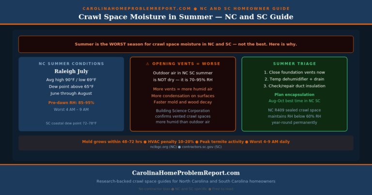 crawl space moisture in summer NC SC guide showing why dew point conditions make summer the worst season the overnight humidity spike why opening vents makes it worse and summer triage steps