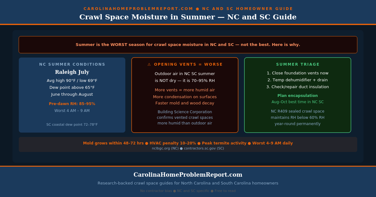 Crawl Space Moisture in Summer NC SC — Why It Gets Worse and What to Do
