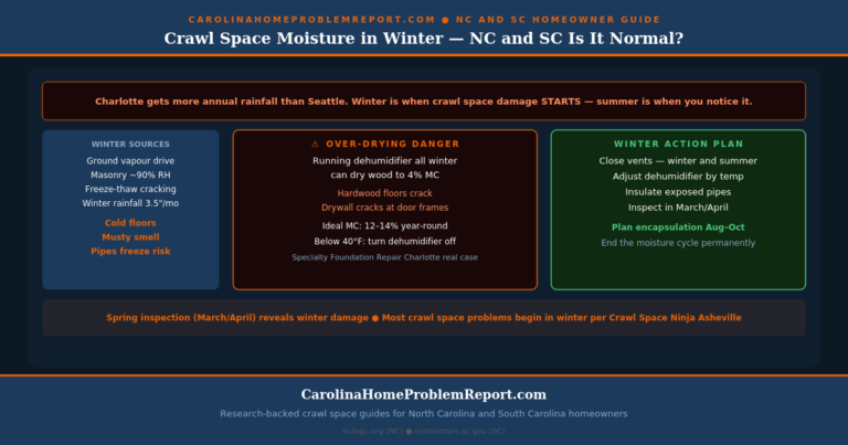 crawl space moisture in winter NC SC guide showing winter moisture sources cold floors connection over-drying dehumidifier danger and spring reveal of winter damage