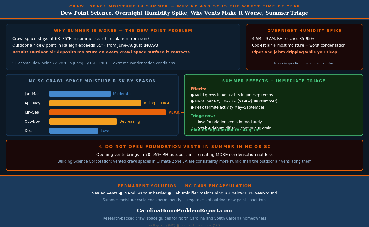 Infographic showing why crawl space moisture is worse in summer in NC and SC — dew point data, stack effect, overnight humidity spike, and why opening vents makes it worse with the correct seasonal management approach