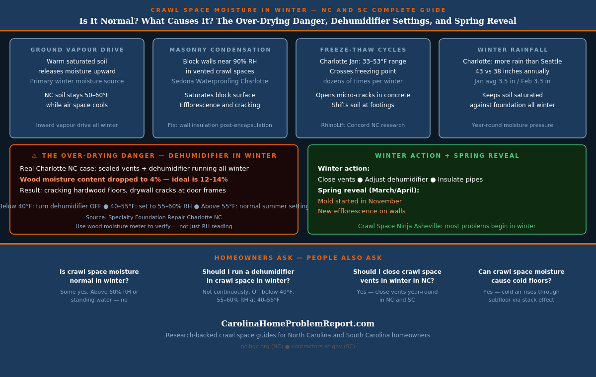 Infographic showing crawl space moisture in winter NC SC — winter moisture sources cold floors connection freeze-thaw cycles dehumidifier settings pipe freeze prevention and spring reveal of winter damage