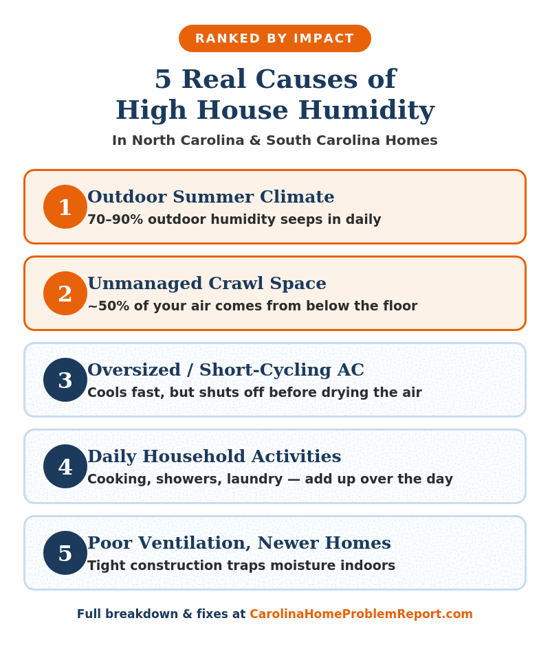 Infographic showing the 5 real causes of high indoor humidity in North Carolina and South Carolina homes, ranked by how much each one actually matters