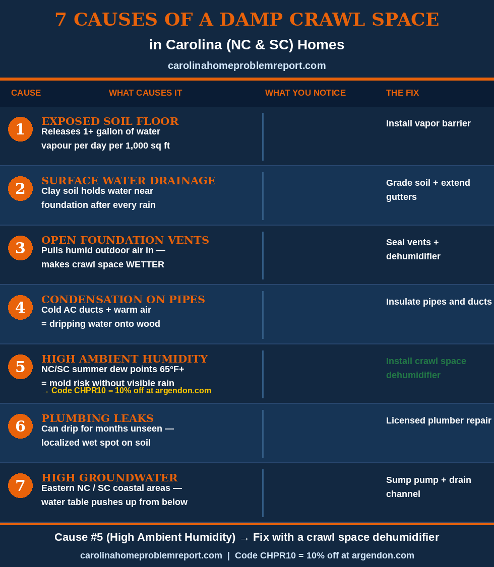 Infographic showing 7 causes of a damp crawl space in Carolina homes with fix for each cause