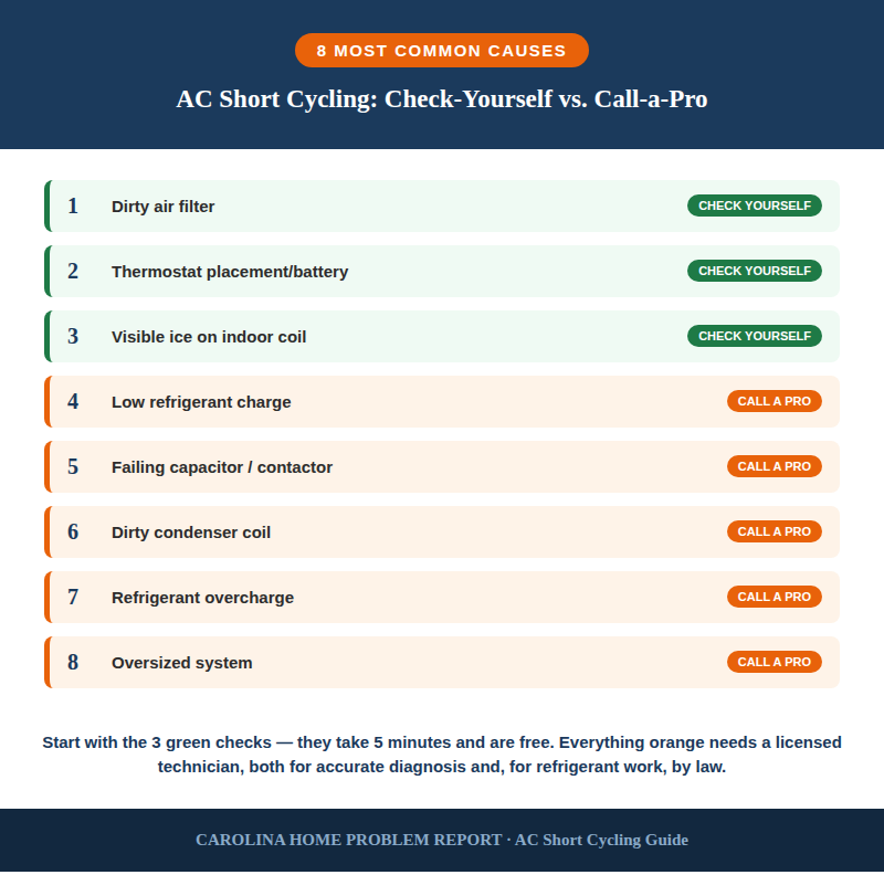 Eight causes of AC short cycling ranked from most common homeowner-checkable issues to system-sizing problems