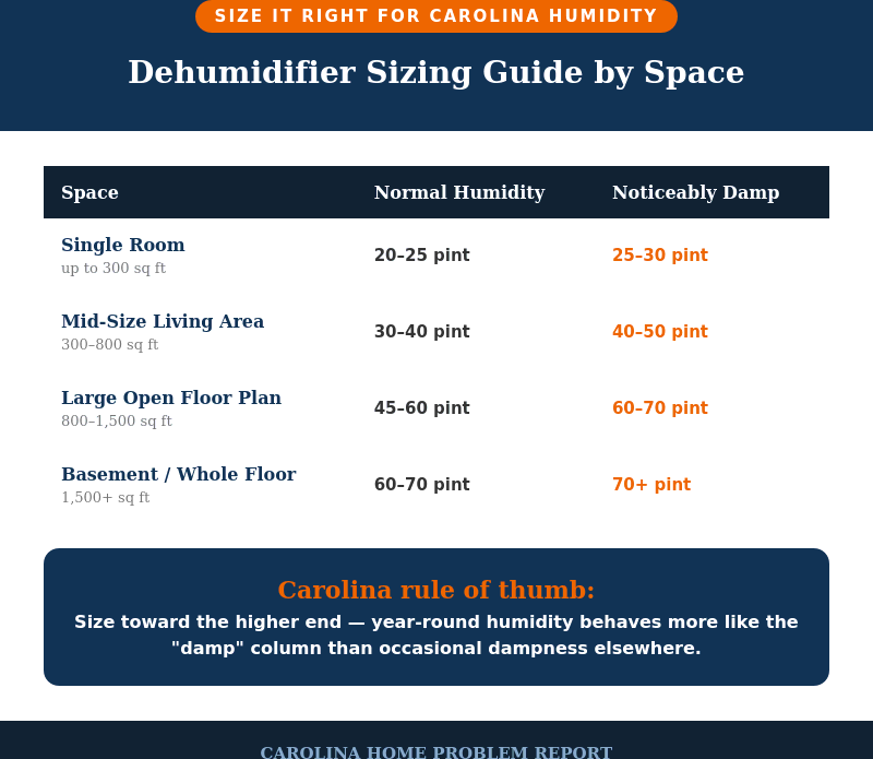 Infographic showing how to size a dehumidifier by room square footage, from a single bedroom to a whole basement