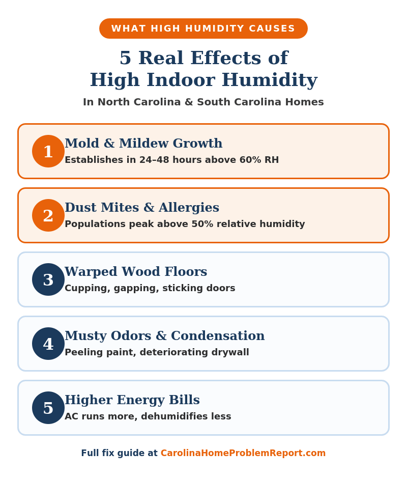 Infographic showing what high indoor humidity causes in a home: mold, dust mites, warped wood floors, musty odors, and higher energy bills