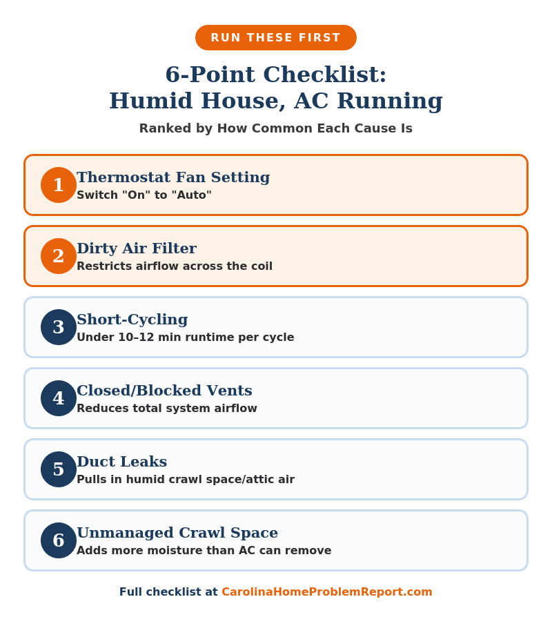 Infographic showing the 6-point checklist for why a house is humid even with the AC running, ranked by how common each cause is