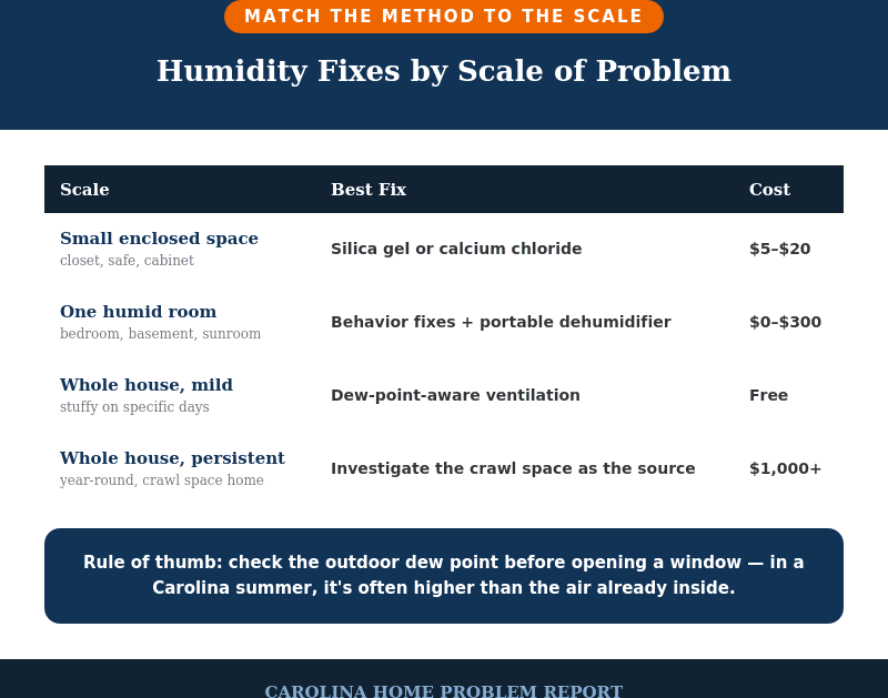 Chart showing which humidity reduction methods work for small spaces, single rooms, and whole houses