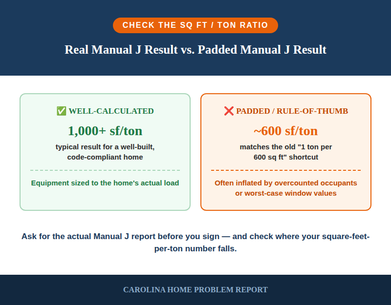Well-calculated Manual J at 1,000+ square feet per ton versus a padded or rule-of-thumb result near 600 square feet per ton