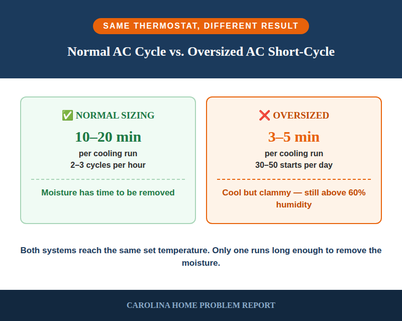 Infographic comparing a normally sized AC's 10-20 minute run times and 2-3 cycles per hour against an oversized AC's 3-5 minute short cycles and 30-50 starts per day, both aiming for the same thermostat set point but with very different humidity results