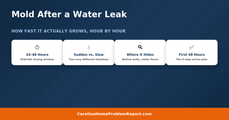 Mold after a water leak — how fast it grows hour by hour, featured graphic for Carolina Home Problem Report