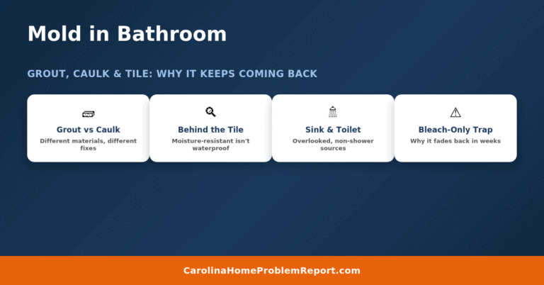 Bathroom mold: grout vs caulk differences, behind-the-tile moisture, sink and toilet sources, and the bleach-only trap