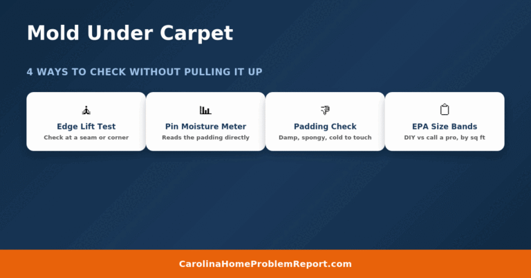 4 ways to check for mold under carpet without pulling it up: edge lift test, pin moisture meter, padding check, EPA size bands