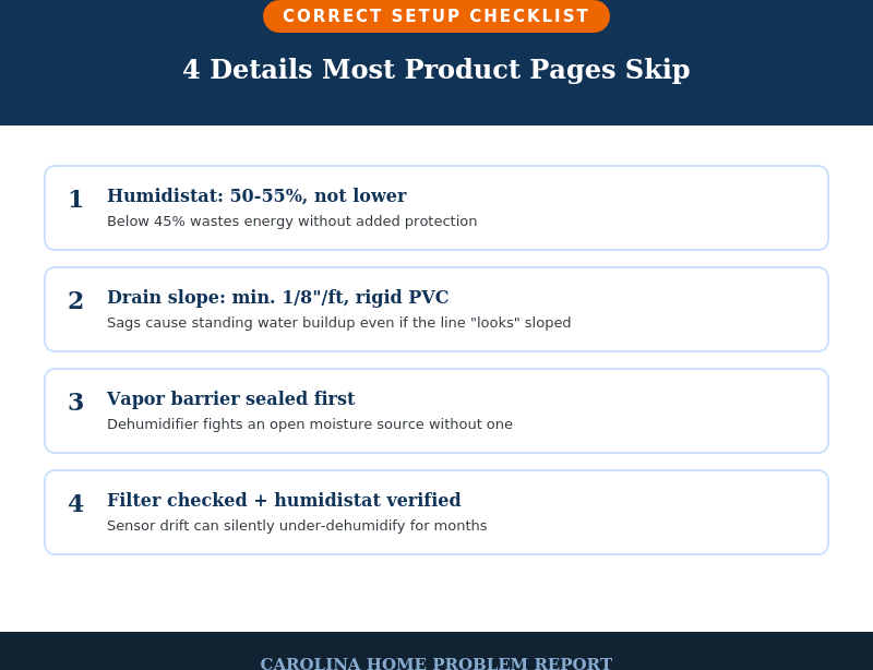 Crawl space dehumidifier guide infographic: 4 setup details most product pages skip — humidistat, drain slope, vapor barrier, filter check