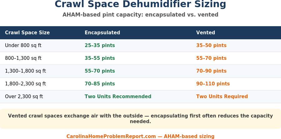 Crawl space dehumidifier sizing chart showing AHAM-based pint capacity for encapsulated vs vented crawl spaces by square footage