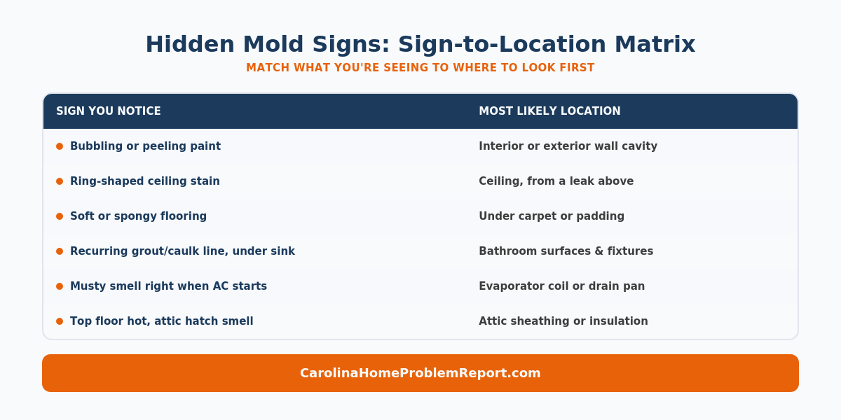 Matrix infographic mapping 6 hidden mold signs to their most likely source location in the home