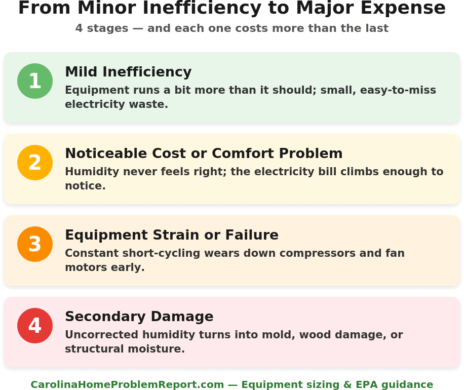 Infographic showing the four stages picking the wrong home humidity control system escalates through, from mild inefficiency to secondary structural damage