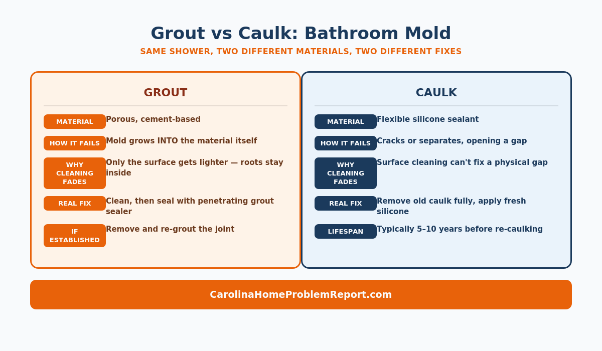 Comparison infographic showing grout versus caulk bathroom mold differences, causes, and correct fixes