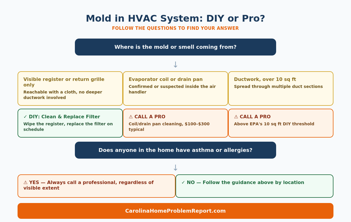 Decision tree infographic showing when mold in an HVAC system is safe to handle yourself versus when to call a licensed HVAC technician